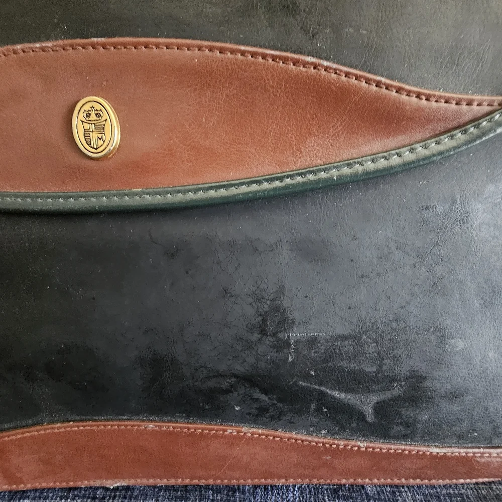 Vintage 1970s Brown Black Leather Briefcase Craftmanship Some Wear Gold Shield